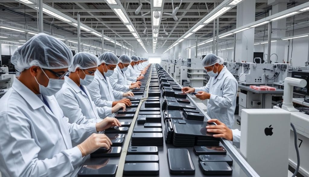 Apple iPhone 17 production line in India showing workers assembling devices