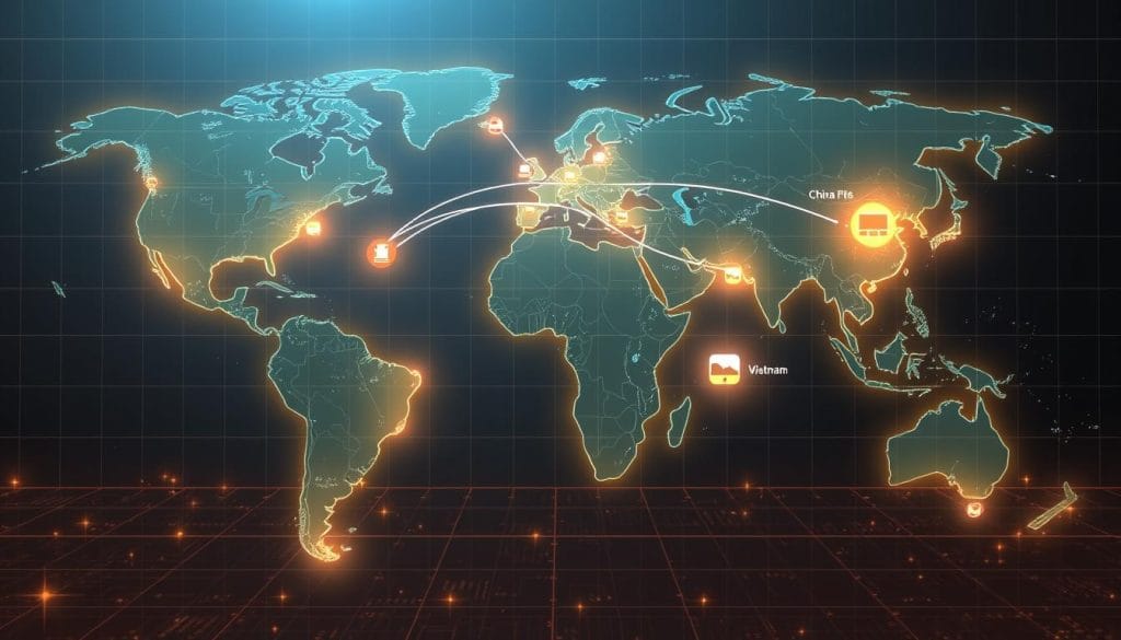 Futuristic visualization of Apple's global manufacturing network with data flows between facilities Futuristic visualization of Apple's global manufacturing network with data flows between facilities