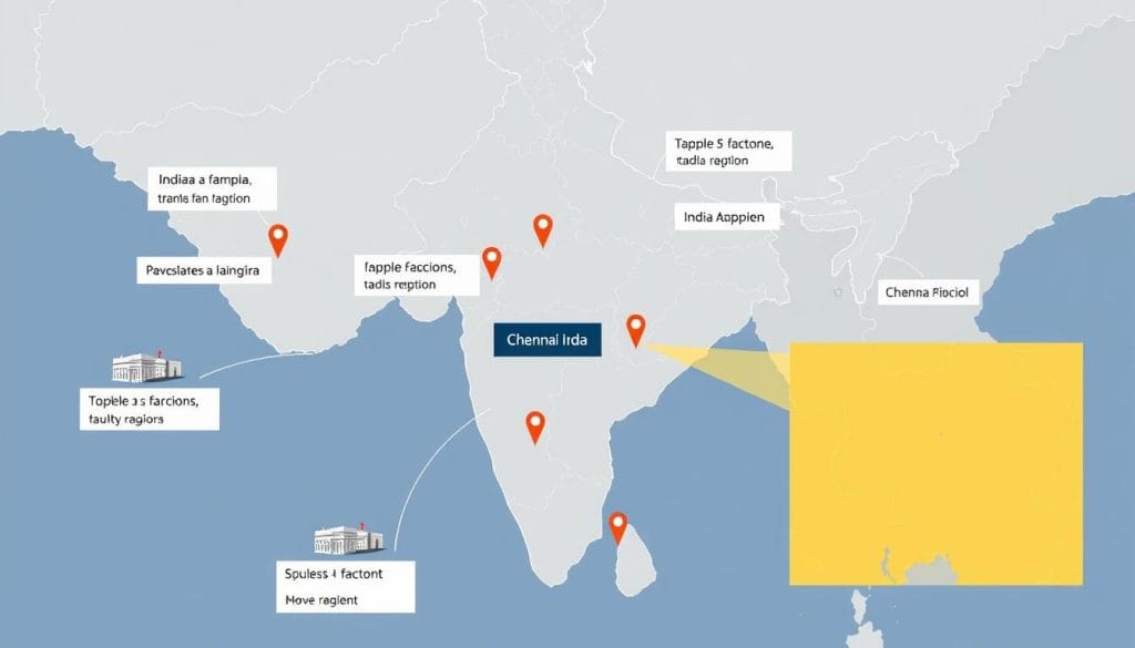 Map showing Apple's five manufacturing facilities across India with highlighted expansion areas Map showing Apple's five manufacturing facilities across India with highlighted expansion areas