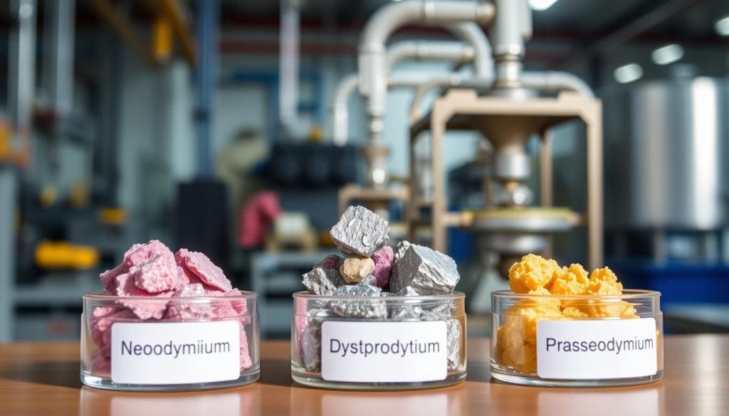 Rare earth minerals used in iPhone production with processing facility in background Rare earth minerals used in iPhone production with processing facility in background