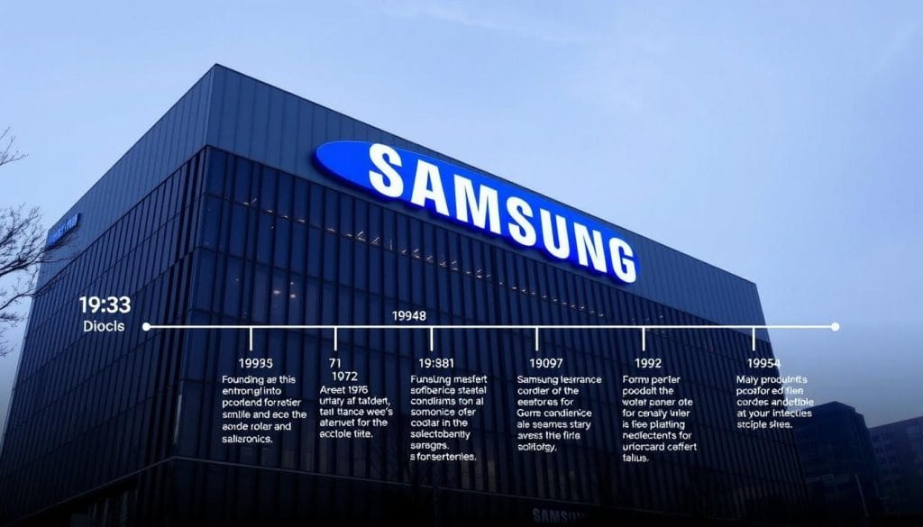 Samsung headquarters in Seoul with timeline of key milestones in company history