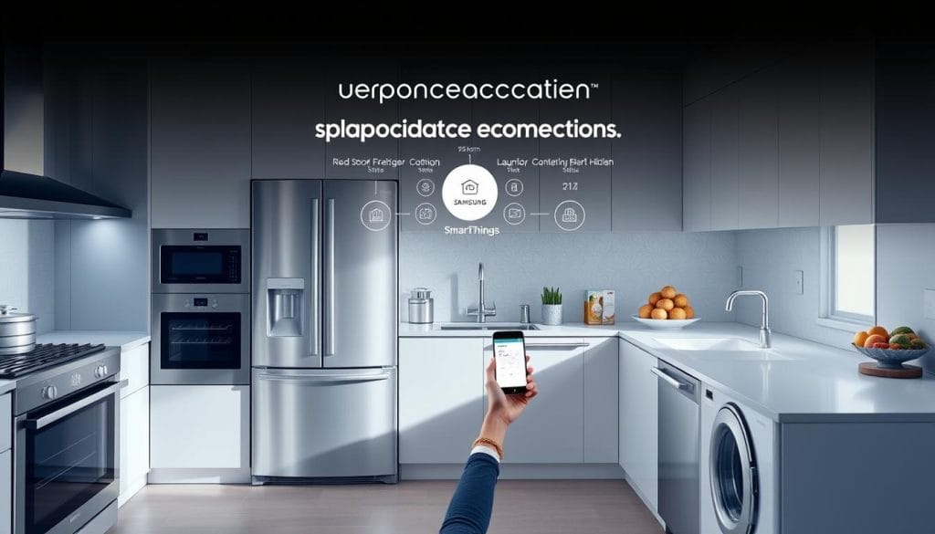 Samsung's Bespoke smart home ecosystem showing connected appliances and central hub Samsung's Bespoke smart home ecosystem showing connected appliances and central hub