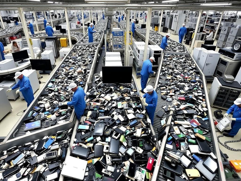 Samsung's e-waste recycling facility processing old electronics for material recovery Samsung's e-waste recycling facility processing old electronics for material recovery