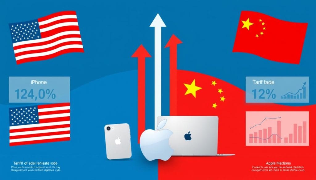 Visual representation of US-China trade tensions with tariff charts and Apple products in the middle Visual representation of US-China trade tensions with tariff charts and Apple products in the middle