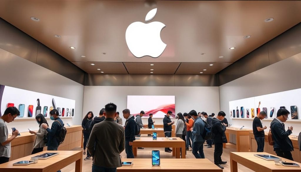 Apple Store in Shanghai, China with customers browsing products