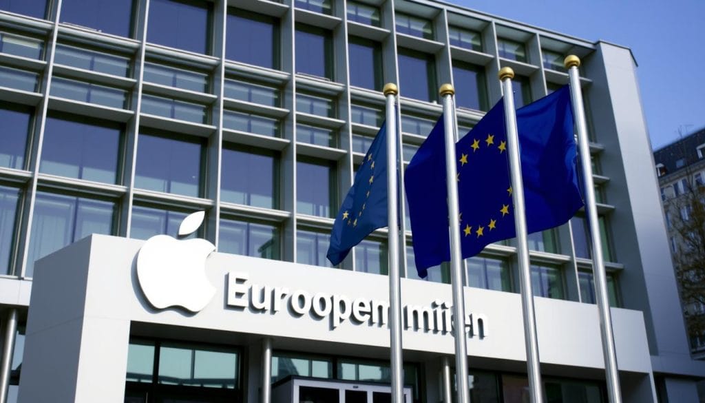 European Union headquarters in Brussels with EU flag, representing regulatory challenges for Apple