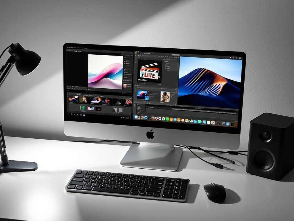 Mac Studio with dual professional displays showing creative software Mac Studio with dual professional displays showing creative software