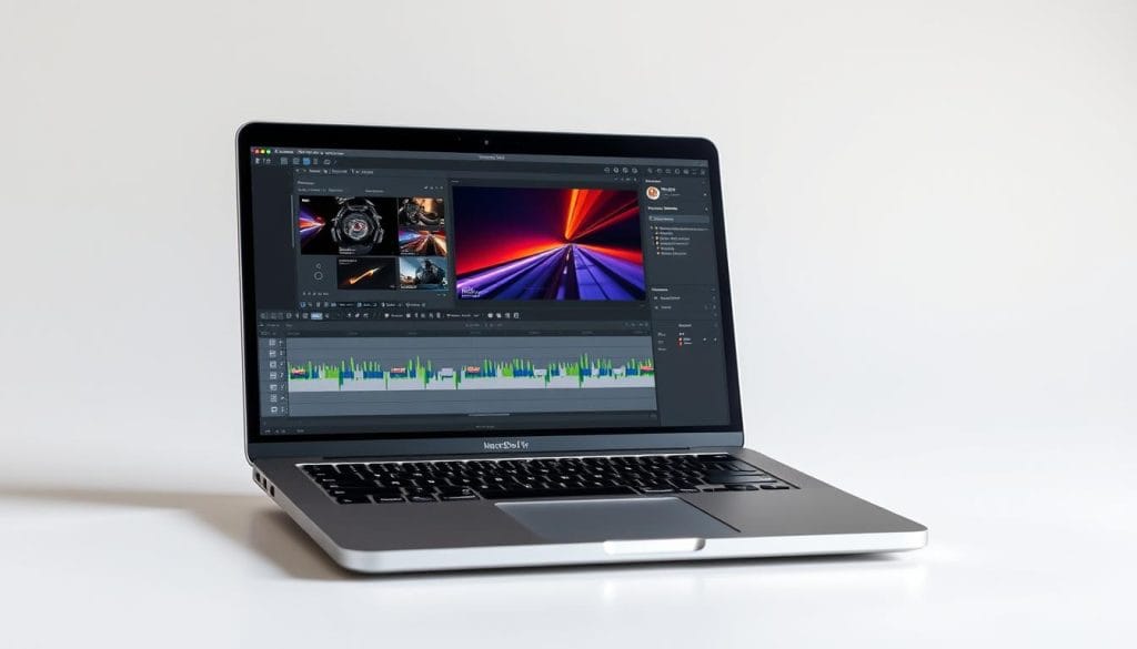 MacBook Pro 14-inch with M4 chip showing professional video editing software MacBook Pro 14-inch with M4 chip showing professional video editing software