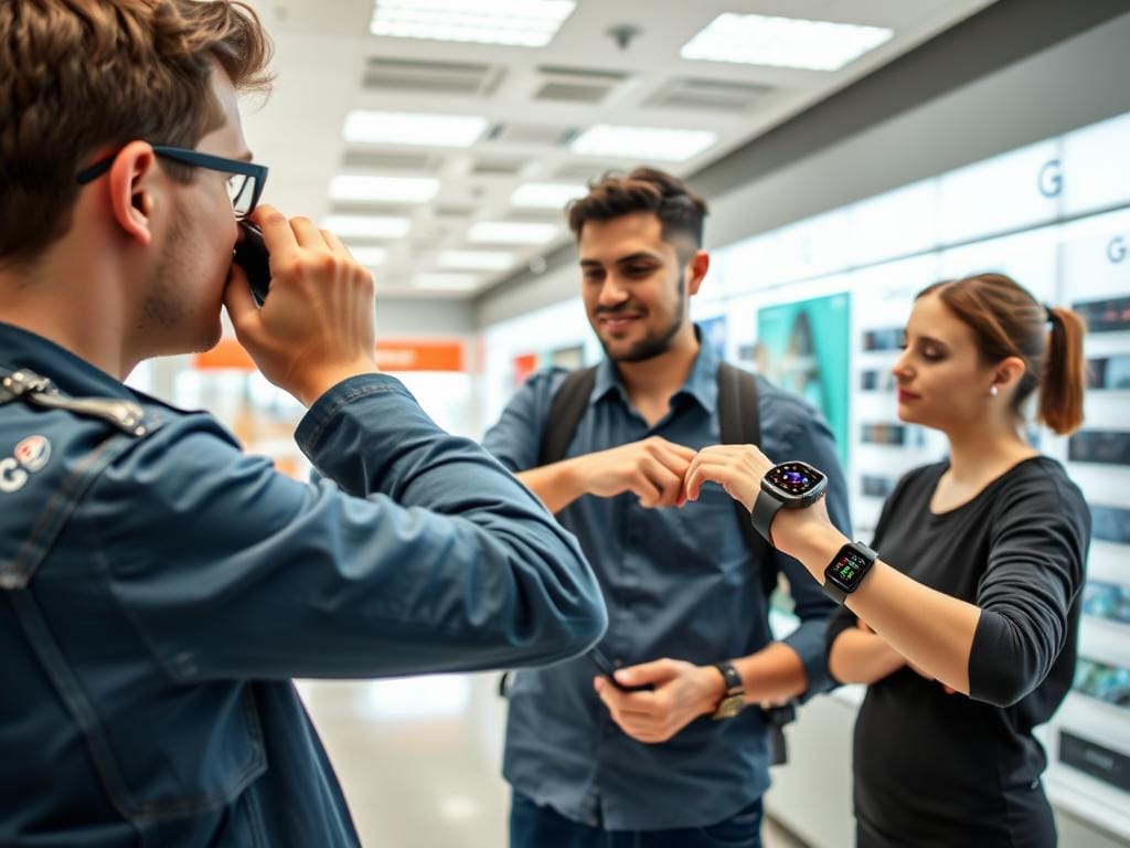 Person trying on different smartwatches from Apple and Android brands, representing the best smartwatches 2025 Apple Android selection process Person trying on different smartwatches from Apple and Android brands, representing the best smartwatches 2025 Apple Android selection process