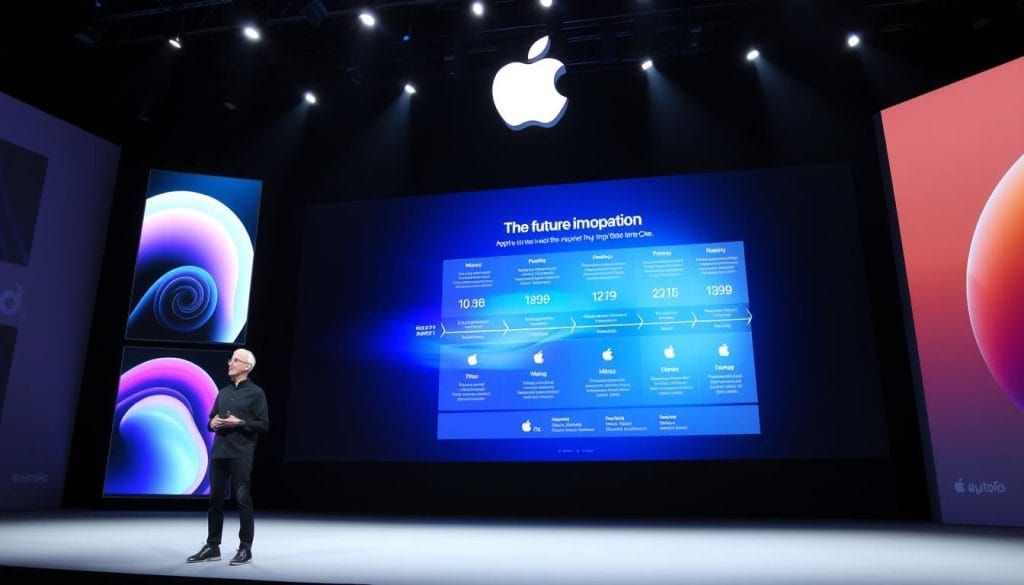 Tim Cook presenting at an Apple keynote event showcasing future vision