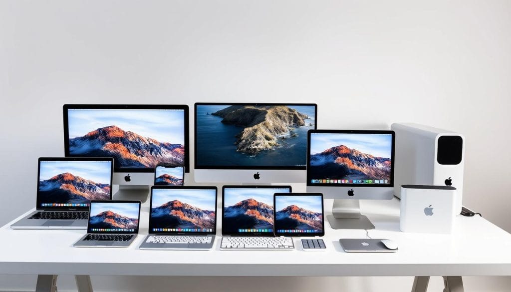 Various Mac models arranged on a desk showing size comparison Various Mac models arranged on a desk showing size comparison