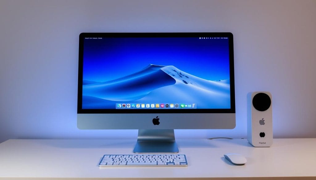 iMac 24-inch M4 in blue color showing macOS Tahoe interface iMac 24-inch M4 in blue color showing macOS Tahoe interface