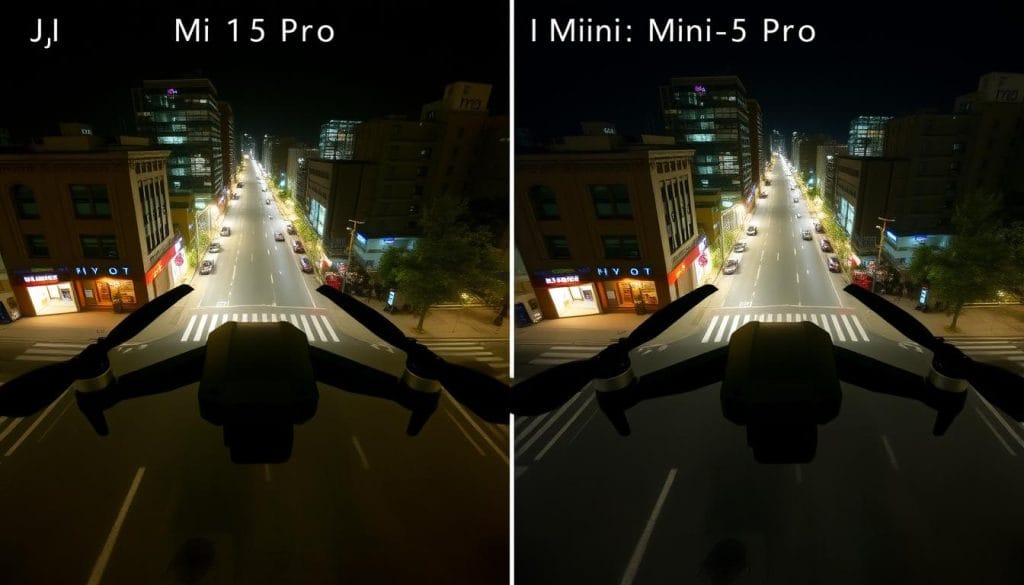 Comparison of camera quality between Mini 5 Pro vs. Mini 4 Pro showing the difference in image quality in low light conditions Comparison of camera quality between Mini 5 Pro vs. Mini 4 Pro showing the difference in image quality in low light conditions