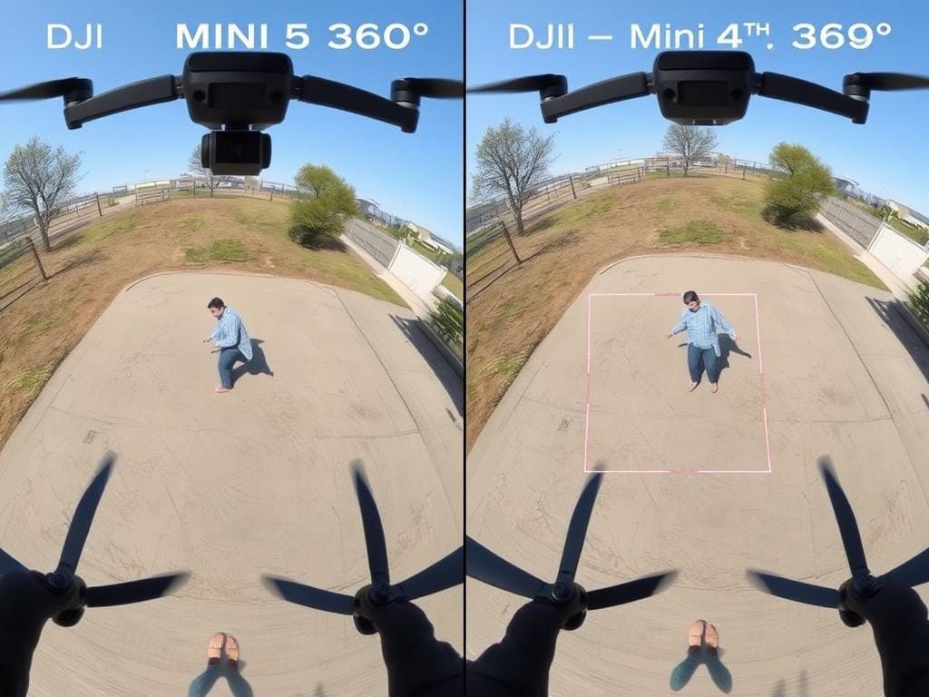Demonstration of ActiveTrack 360° on both drones showing Mini 5 Pro vs. Mini 4 Pro tracking differences Demonstration of ActiveTrack 360° on both drones showing Mini 5 Pro vs. Mini 4 Pro tracking differences
