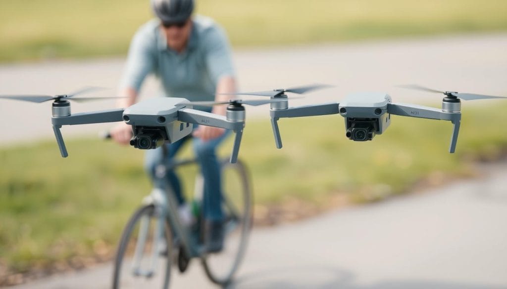 Mini 5 Pro and Mini 4 Pro in flight showing the difference in tracking capabilities with Mini 5 Pro vs. Mini 4 Pro comparison Mini 5 Pro and Mini 4 Pro in flight showing the difference in tracking capabilities with Mini 5 Pro vs. Mini 4 Pro comparison