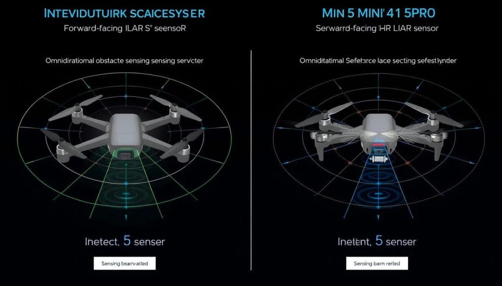Visualization of the Mini 5 Pro's LiDAR and obstacle sensing system compared to the Mini 4 Pro showing Mini 5 Pro vs. Mini 4 Pro differences Visualization of the Mini 5 Pro's LiDAR and obstacle sensing system compared to the Mini 4 Pro showing Mini 5 Pro vs. Mini 4 Pro differences